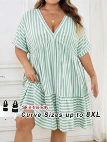 SHEIN CURVE+ Vestido casual de mujer talla grande con cuello en V a rayas, mangas cortas tipo murciélago y volantes en el bajo, ropa de otoño para mujeres, invierno, CURVE PLUS - Verde - Ver 1