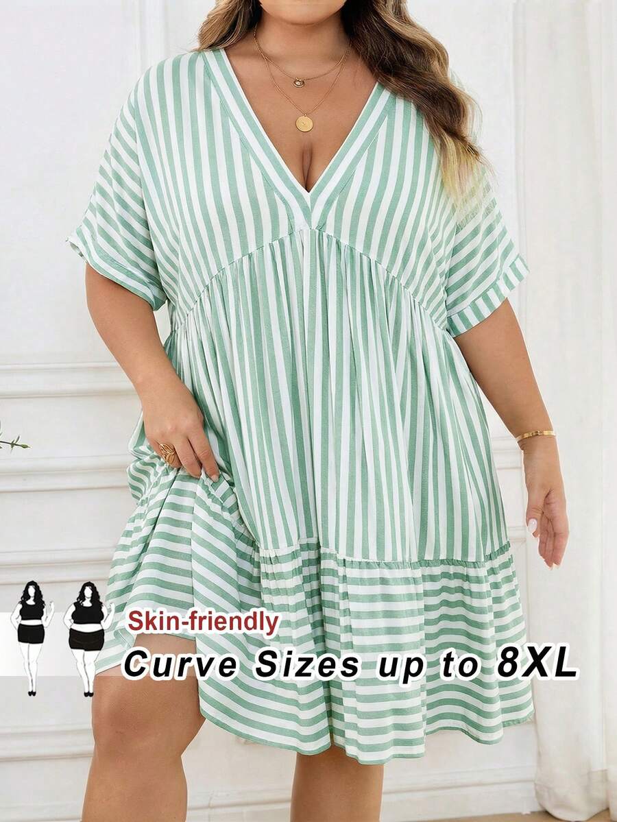 SHEIN CURVE+ Vestido casual de mujer talla grande con cuello en V a rayas, mangas cortas tipo murciélago y volantes en el bajo, ropa de otoño para mujeres, invierno, CURVE PLUS - Verde - Ver 1