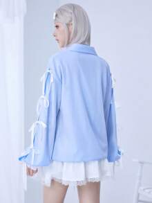 ROMWE EDITION Áo sơ mi dài tay kẻ sọc trang trí nơ dễ thương kiểu Kawaii dành cho nữ - Màu xanh lam - Xem 3