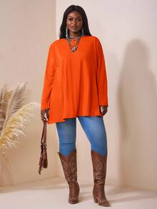 SHEIN CURVE+ 大码彩色纯色圆领落肩长袖开衩下摆宽松T恤，女士夏秋冬装，CURVE PLUS - 橘色 - 查看 6
