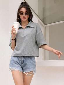 Mulvari 女士纯色翻领拉链半开襟休闲百搭通勤短袖T恤 - 灰色 - 查看 4