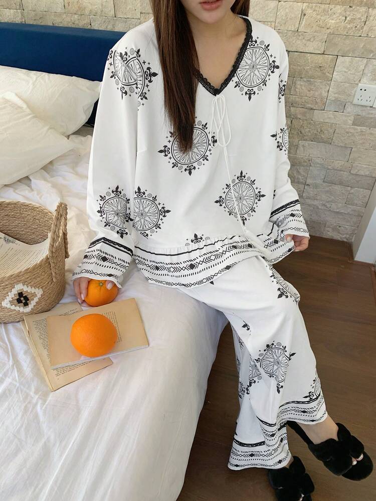 Dazy Plus 2pcs/Set Print Floral Pattern Loose Elegant Top And Pants Pajama Set, Plus Size Women, Spring/Summer/Autumn