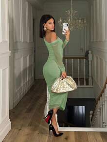 Ronhire Women's Autumn Mesh Ruched Elegant Date/Party Long Sleeve Mid-Length Bodycon Dress,Pastel Dresses For Women - Mint Green - View 4