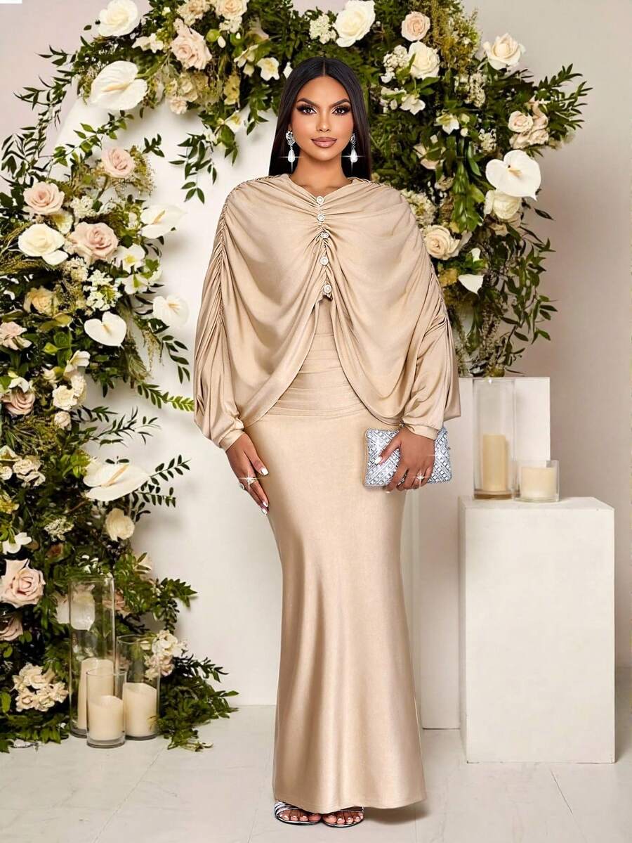 SOLERSUN Women's Autumn/Winter Solid Color Elegant And Romantic New Elegant Mature Charm Evening Gown, Dignified & Gentle,Button Decor Long Sleeve Graceful Mermaid Hem Bodycon Maxi Dress Fall Winter Cloth For Women Elegant Wear Party Wedding Vintage New Years - Khaki - View 1
