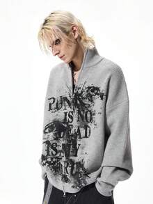 ROMWE MEN Street Life Men's Eye & Letter Print Stand Collar Zip-Up Long Sleeve Knit Cardigan Sweater