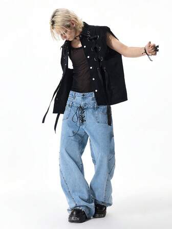 Street Life Jeans casual da uomo a vita alta con laccio, gamba ampia