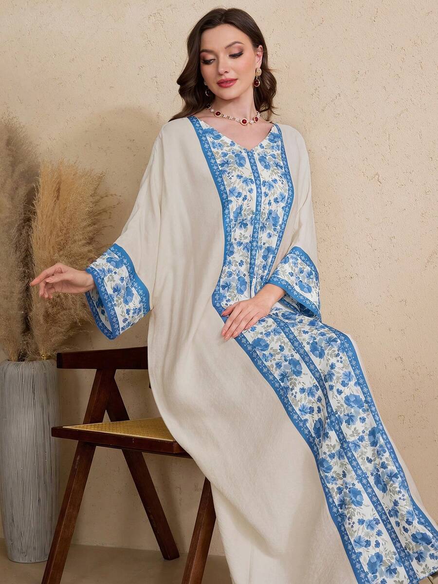 Al Najma Women's Turkish & Arabic Traditional Long Tunic With Floral Shoulder Sleeve Design