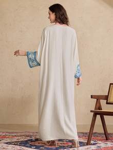 Al Najma Women's Turkish & Arabic Traditional Long Tunic With Floral Shoulder Sleeve Design - Baby Blue - View 3