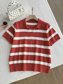 Comfortcana Áo len chui đầu tay ngắn cổ bẻ màu đỏ trắng dành cho nữ cỡ lớn. - Đỏ và trắng - Xem 4