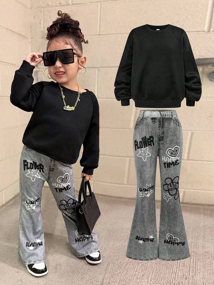 Bộ 2 áo hoodie đen rộng rãi cho bé gái + quần ống loe in họa tiết graffiti, thời trang thường ngày đa năng - màu đen - Xem 1