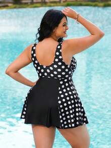 Swim Lushoire Bộ đồ bơi tankini cỡ lớn dành cho nữ, kiểu dáng rộng rãi, phối họa tiết chấm bi và màu trơn, cổ tròn, vạt nơ, kết hợp với quần short cạp cao màu trơn, gợi cảm, che khuyết điểm, thích hợp cho kỳ nghỉ biển. - Đen và trắng - Xem 2