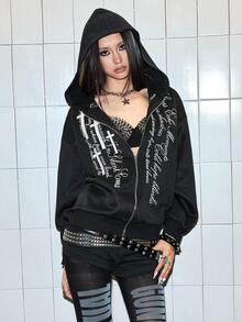 ROMWE Avant Loose Fit Sweatshirt With Slogan Cross Embroidery, Thermal Lined - Black - View 1