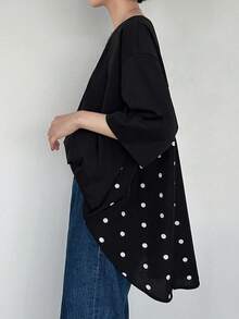 FRIFUL 女士圆领衬衫，后背饰有蝴蝶结，波点面料，休闲通勤风格，撞色设计 - 黑色 - 查看 6