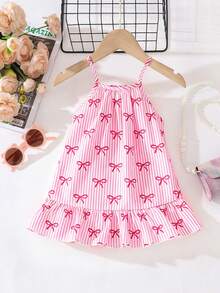 SHEIN Playful Pals 女婴无袖连衣裙，饰有彩色条纹蝴蝶结图案，活泼清新。配有可调节肩带，适合夏季穿着，是女孩夏季服装的甜美之选。 - 粉色 - 查看 2