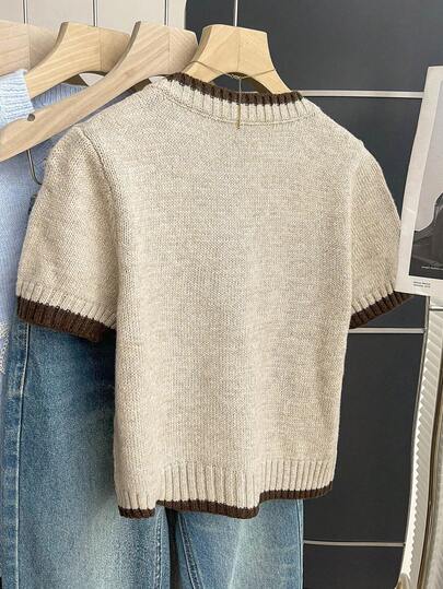 SHEIN Franclia Casual Loose Round-Neck Short-Sleeved Knit Cardigan With Contrasting Edge And Open Front, Women's Spring/Autumn