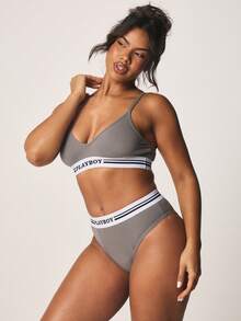 Missguided x Playboy V Neck Bralette And High Waisted Brief Panty Set With Elastic Band Details - Grey - View 3