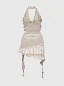 ROMWE Grunge Punk Spring/Summer Y2K Distressed Design Ruffle Tie-Up Patchwork Women's Halter Neck Denim Dress - Apricot - View 2