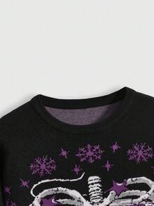 ROMWE Áo len chui đầu cỡ lớn phong cách Gothic, họa tiết quỷ dữ, trái tim, bộ xương, dơi, nhện, sao, mặt trăng, bông tuyết, áo len đêm Giáng sinh cho phụ nữ cỡ lớn, áo len nữ cỡ lớn phong cách đường phố thường ngày, áo len Giáng sinh cỡ lớn cho phụ nữ - Màu tím - Xem 3