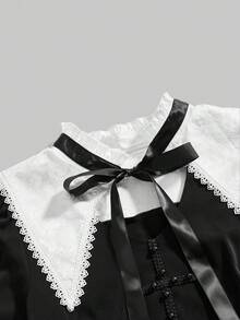 ROMWE Goth 哥特萝莉黑白蝴蝶结领连衣裙 - 黑色 - 查看 4