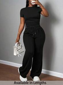 SHEIN PETITE CURVE 大码女式休闲纯色圆领修身短袖T恤和抽绳腰直筒裤两件套，春夏款，棕色，适合音乐节、复活节、圣帕特里克节等场合。 - 黑色 - 查看 1