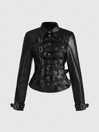 Grunge Punk Chaqueta de mujer de piel de PU con diseño de hebilla de metal punk de motocicleta y múltiples correas