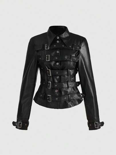 Grunge Punk Motorcycle Punk Metal Buckle Design Multi-Strap PU Leather Women Jacket