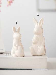 1pc White Ceramic Rabbit Figurine, Suitable For Desk, Home Decor, Office, Bookshelf, TV Stand, Available In Multiple Sizes - White - View 7