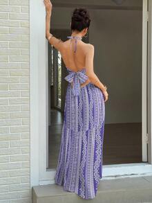 Sunnyshic Đầm hở lưng cổ yếm in họa tiết toàn thân, phong cách thường ngày cho kỳ nghỉ - Màu Lilac Tím - Xem 2