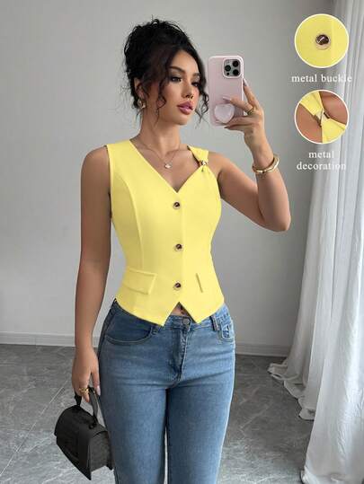 Elenzga Chaleco superior casual y de uso diario de unicolor y de alta gama para mujer, con diseño de bolsillo falso y frente abierto