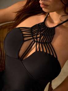 MOTF PREMIUM HANDMADE CROCHET BOHEMIAN HALTER ONE-PIECE SWIMSUIT - Black - View 3