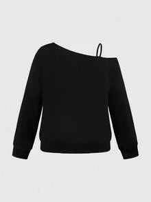 ROMWE Goth 大码哥特式神秘蛾蛇日月星蝶自然灵感宽松斜肩卫衣 - 黑色 - 查看 2