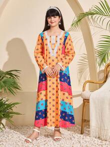SHEIN Kleid mit Blumen-Kontrastfarbdruck rundum, dickes weiches 4-Wege-Stretchgewebe, elegante traditionelle arabische Kleidung Abaya - Verschiedenfarbig - Übersicht 10