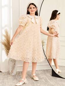 SHEIN 少女时尚优雅翻领短袖连衣裙 - 白色 - 查看 4