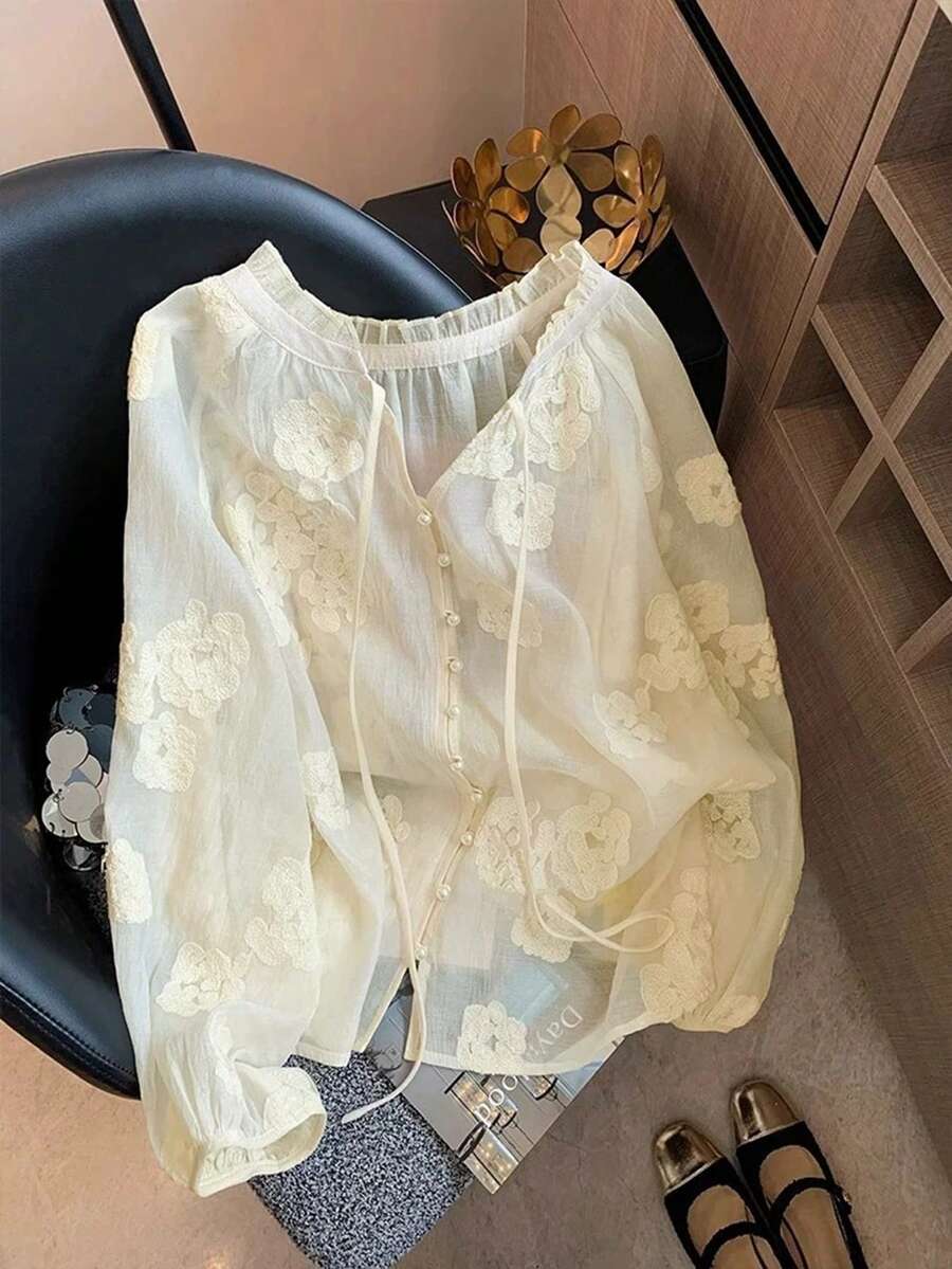 Airaco 女士花卉提花插肩袖单排扣时尚衬衫 - 白色 - 查看 1