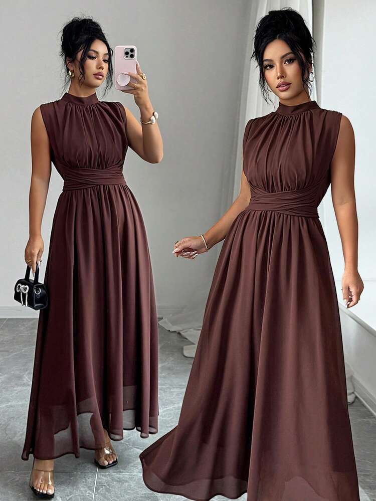 Elenzga Vestido maxi de gasa sin mangas elegante y casual con cintura anudada, adecuado para ir al trabajo, vacaciones, té de la tarde, fiestas, de unicolor, con estilo romántico francés siciliano, para Año Nuevo - Marrón - Añade 1