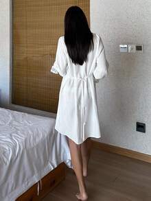 DAZY Romantic Embroidered Ruffle Collar & Lantern Sleeve Women Sleepwear Robe - White - View 2
