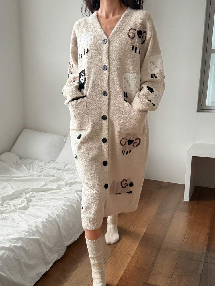 Women's Cozy Fleece Sheep Pattern Robe, Casual Loungewear For Autumn/Winter