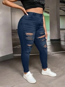 Plus High Waist Ripped Skinny Jeans - Dark Wash - View 3