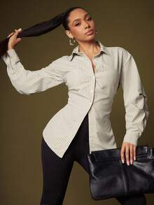 Vixey 条纹茧型长袖系带蝴蝶结纽扣上衣 - 彩色 - 查看 2