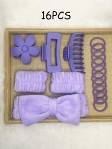 Purple 16 Piece Set Matte Satin Scrunchie Headband Bow Hair Tie Washband Large Claw Clip Elastic Ponytail Holder Soft Hair Accessories Gift For Holiday Party Vacation Travel Workout Gym Essential Spring Summer Collection - Purple - View 7
