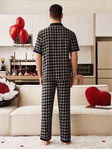 SHEIN Contrast Trim Plaid Print Lapel Collar Men's Pajama Set - Black - View 7