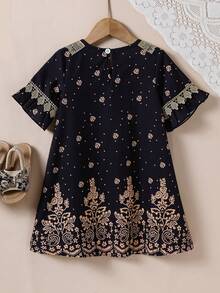 SHEIN Baby Arabic Clothing Baby Girl Floral Print Loose Round Neck Short Sleeve Dress Baby Arabic Clothing Girl Party Dress - Black - View 2