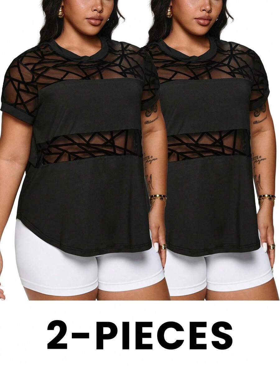 Easithlete 2件/套 大码女式几何网眼拼接短袖运动T恤 - 黑色 - 查看 1