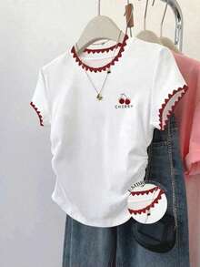 Resyla Women's Casual Contrast Trim Cherry Print T-Shirt, Summer - White - View 1
