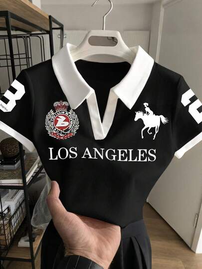 Rovax 大码女式字母骑士印花撞色Polo领短袖休闲上衣