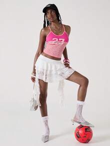 ROMWE Spring/Summer Y2K Style Contrast Lace Graphic Embroidered Camisole Top For Women - Hot Pink - View 2