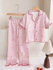 女童时尚可爱条纹爱心印花泡泡绉面料短袖上衣和裤子睡衣套装 - 紅色 - 查看 6
