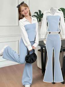 SHEIN مجموعة ملابس علوية كم طويل بياقة طاقم وبنطال...