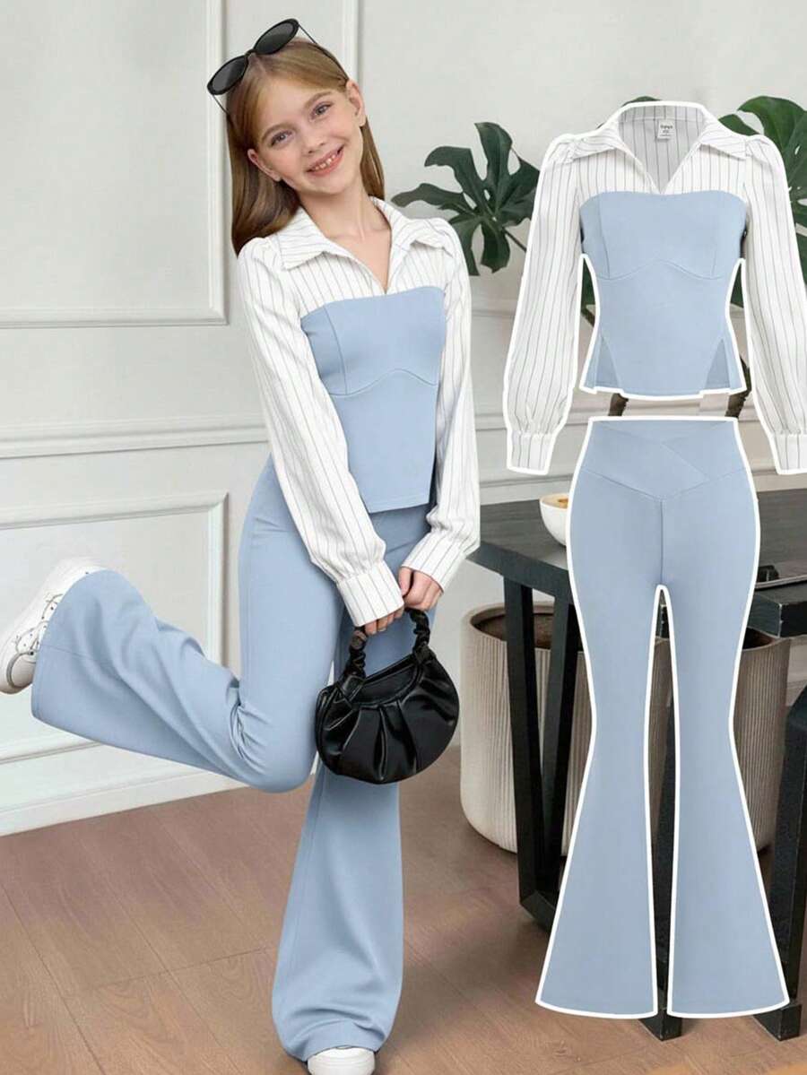 SHEIN 2pcs Tween Girls Crew Neck Contrast Trim Long Sleeve Top And Straight Leg Casual Pants Set, Suitable For Dates, Parties, Back To School, Autumn/Winter - Baby Blue - View 1