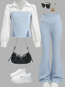 SHEIN 2pcs Tween Girls Crew Neck Contrast Trim Long Sleeve Top And Straight Leg Casual Pants Set, Suitable For Dates, Parties, Back To School, Autumn/Winter - Baby Blue - View 2